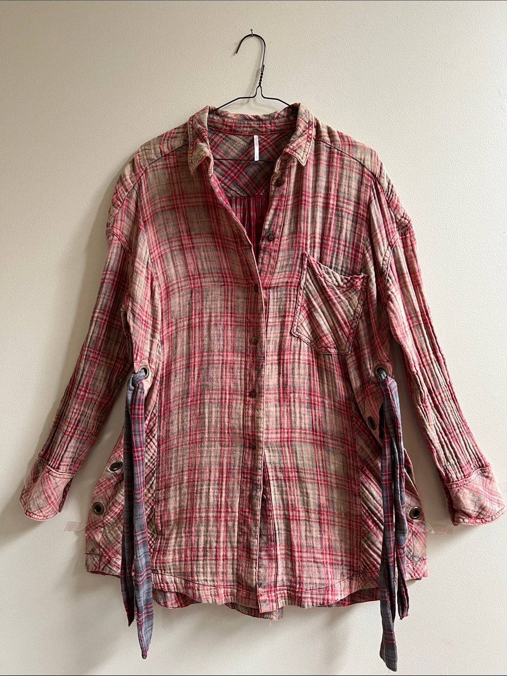 Free People Nordic Day Red Pink Plaid button down Long sleeve Plaid Shirt LaceUp - Picture 3 of 14